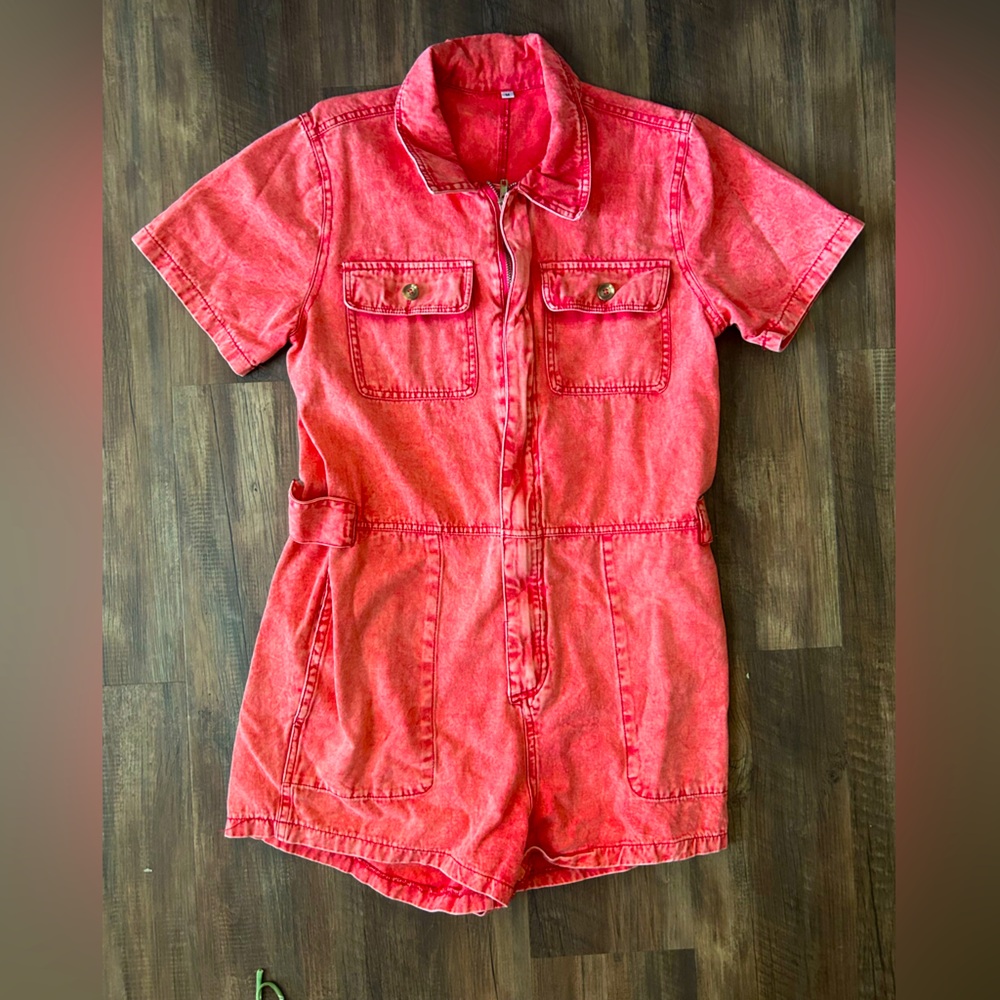 Dark pink denim romper